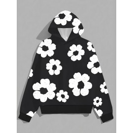 Men'S Casual Black Hoodie with White Floral Print - Trendy Long Sleeve Pullover, Regular Fit, Slight Stretch Fabric, Casual Wear Hoodie|Floral Print Hoodie|Stretchy Fabric Hoodie, Hoodie, Sweatshirt, Sweatshirt Set, Sweatshirt Set for
