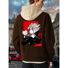 [Men's Anime Hoodie] Trendy Anime Hoodie | Men's Black with Red & White Print, Casual Drawstring Pullover, Front Kangaroo Pocket, Long Sleeve, Polyester Blend, All Seasons