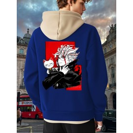 [Men's Anime Hoodie] Trendy Anime Hoodie | Men's Black with Red & White Print, Casual Drawstring Pullover, Front Kangaroo Pocket, Long Sleeve, Polyester Blend, All Seasons