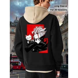 [Men's Anime Hoodie] Trendy Anime Hoodie | Men's Black with Red & White Print, Casual Drawstring Pullover, Front Kangaroo Pocket, Long Sleeve, Polyester Blend, All Seasons