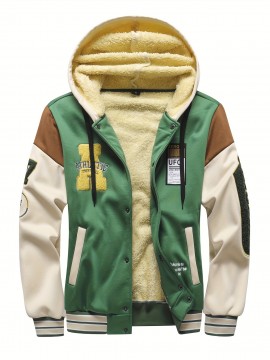 [Cozy Plush Hooded Jacket] Men's Cozy Plush Hooded Jacket | Green & Beige Two-Tone, Contrast Stitching, Letter Embroidery, Zip-Up Front, Long Sleeves, Pockets | Casual Outerwear, Durable Knitwear