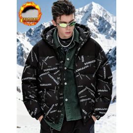 [Windproof Jacket] Warm & Stylish Men's Thick Windproof Hooded Jacket | Large Pockets & Drawstring, Black Polyester, Casual Letter Print Versatile Outerwear, Durable Outerwear