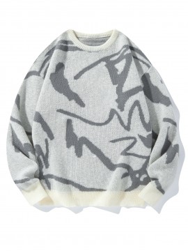 [Men's Geometric Sweater] Xingfan Men's Geometric Print Pullover Sweater | Drop Shoulder Casual Long Sleeve Round Neck Knit Top with Ribbed Detailing, Autumn Winter Warmth, Regular Fit for Casual Attire