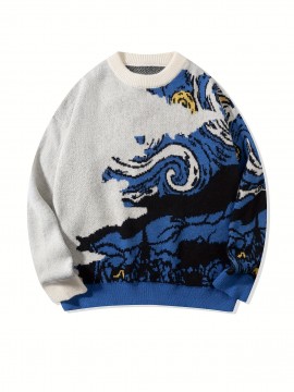 Men'S & Women'S Stylish Van Gogh Starry Night Print Pullover Sweater - Loose Fit, Long Sleeve, Round Neck, Knit Fabric, Casual & Versatile Fall/Winter Top, Fall Winter Top | Starry Night Design | Ribbed Knit Cuffs, Van Gogh Sweater
